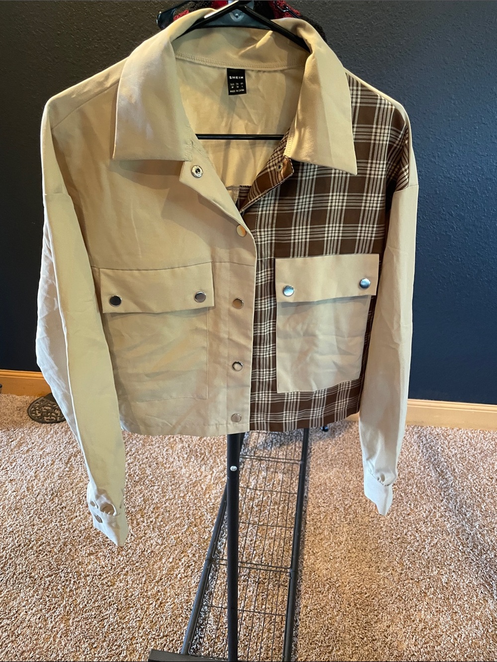 SHEIN Two-Tone Beige Utility Jacket with Brown Plaid Panel